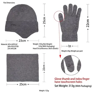 Size chart for gray winter knit set including beanie scarf and touch gloves with dimensions