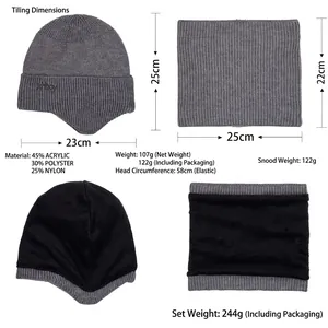 Winter thermal knitted beanie and neck warmer set with thick fleece lining and size chart