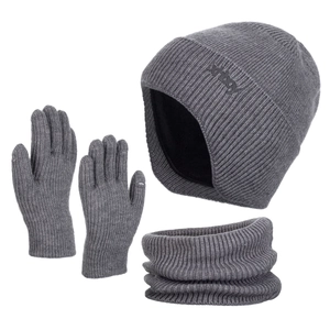 Winter thermal knit beanie set with fleece lining neck warmer and touch gloves in grey
