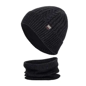 Men Winter Warm Knitted Beanie Hat And Neck Warmer Set Thickened Plus Velvet Lined Twist Knit Skull Cap Outdoor Thermal Accessories