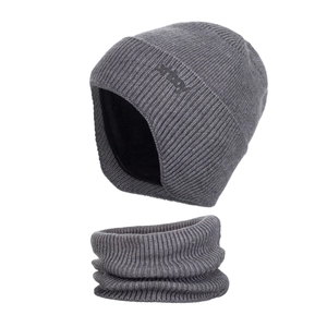 Men's winter knit beanie and scarf set with thick warm fleece lining in dark grey