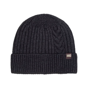 Men's dark grey winter knit beanie with thick fleece lining and leather logo tag