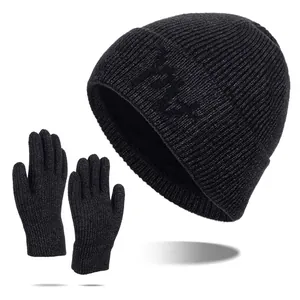 Thermal Knitted Beanie Hat And Gloves Winter Thickened Fleece Lined Outdoor Warm Ribbed Knit Hat And Touchscreen Gloves