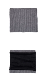 Detailed view of gray ribbed knit exterior and thick black fleece lining for warmth