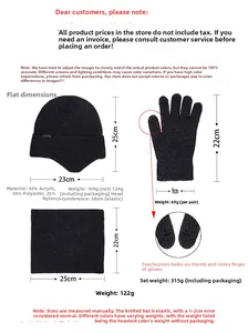 Size chart for thermal knit set including hat, scarf, and touch screen gloves details