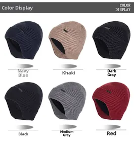 Close-up of winter knit beanies in six colors with thick thermal lining and small side tags
