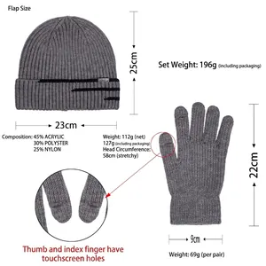 Ensemble bonnet en tricot d'hiver et gants tactiles gris foncé avec doublure chaude