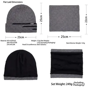 Ensemble bonnet en tricot et tour de cou hiver en gris et noir avec doublure polaire