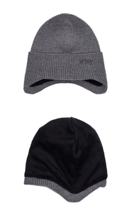 Deep gray knitted winter hat with warm black fleece lining and protective ear flaps