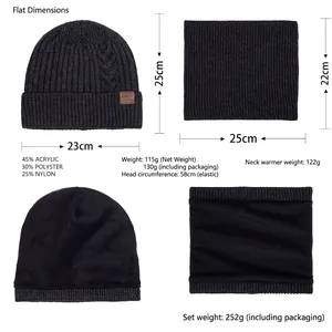 Winter thermal cable knit hat and neck warmer set with thick fleece lining in charcoal grey