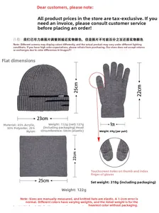 Size chart showing grey knitted winter set dimensions for hat, scarf and touchscreen gloves