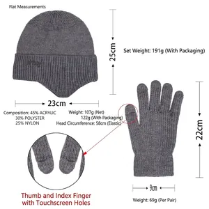 Graues Winter-Strickmützen und Touchscreen-Handschuhe Set mit Materialangaben und Maßen