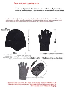 Size chart showing knit beanie and touchscreen gloves measurements with material specs