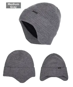 Detailed views of gray knit beanie with warm fleece lining and ear protection flaps