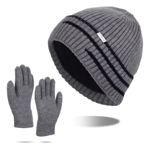 Ensemble d'hiver avec bonnet gris et gants, doublure thermique chaude pour hommes