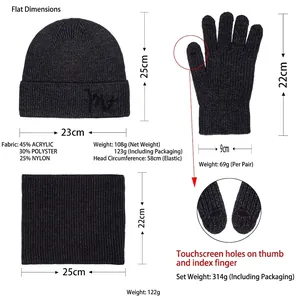 Three-piece winter knit set with beanie, neck warmer, and touchscreen gloves in dark grey