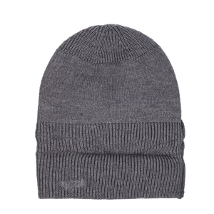 Detailed close-up showing the dark grey knit pattern and ribbed cuff of this winter beanie