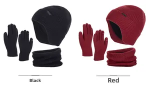 Winter thermal set details featuring thickened knit hat, neck warmer and gloves in black and red