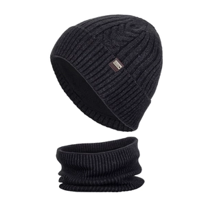Winter thermal thick cable knit beanie and neck warmer set with warm fleece lining in dark grey