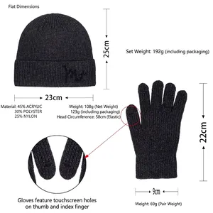 Winter thermal knit beanie hat and gloves set with thick fleece lining for men in black
