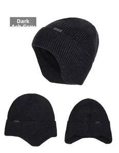 Detailed views of dark heather grey knitted winter hat with earflaps and metal logo