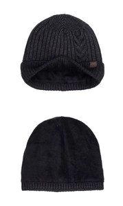 Detailed view of winter beanie featuring thick fleece lining and ribbed knit texture