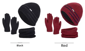 Close-up of winter knit set including fleece-lined hat, scarf and touchscreen gloves