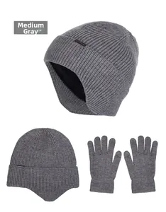 Detail of medium heather gray knitted hat and gloves set with warm fleece lining