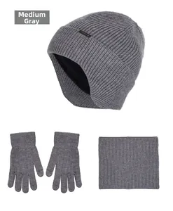 Three-piece winter set with beanie, scarf, and touch-screen gloves in medium heather gray
