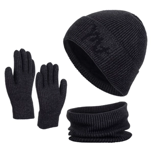 Winter thermal set with black knit beanie hat, thick neck warmer and touchscreen gloves