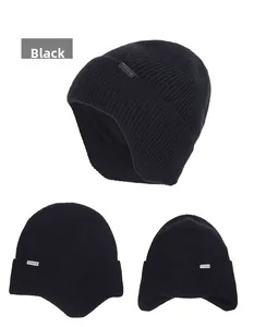 Three-way view of thick black knitted beanie with ear flaps and premium texture