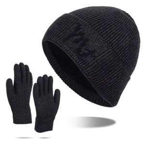Men's winter knit beanie hat and gloves set with thick fleece lining in black color
