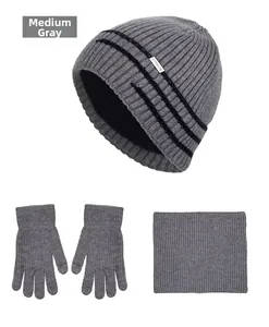 Detail view of medium heather grey knit winter set with fleece lining and ribbed texture