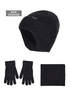 Three-piece winter set in dark heather grey with thick knit hat, scarf and gloves