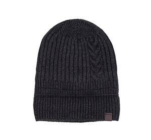 Detail of dark gray cable knit beanie with thick ribbed texture and leather patch