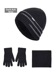 Three-piece winter set in dark heather grey with knit hat, gloves, and neck warmer