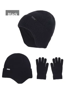 Detail view of black thermal knit beanie with ear protection and matching winter gloves set