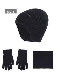 Three-piece set featuring black ribbed knit beanie, warm gloves, and neck gaiter scarf