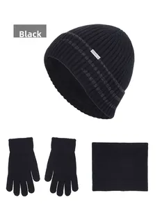 Three-piece black winter set featuring knit beanie, ribbed scarf, and touch-screen gloves