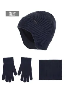 Three-piece navy blue winter set with ribbed beanie, gloves, and neck warmer scarf