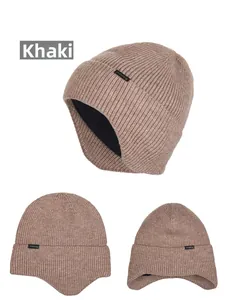 Detail view of khaki knit hat with thick lining and ear flaps shown from multiple angles