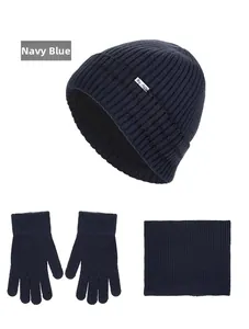 Navy blue winter knitted set with beanie hat, warm gloves, and scarf in ribbed texture