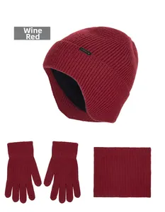 Three-piece winter knit set with thick thermal beanie, gloves, and neck warmer in burgundy