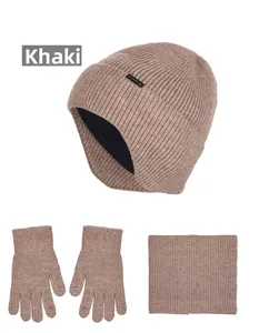 Detailed view of khaki winter knit set featuring thick beanie, gloves and neck warmer