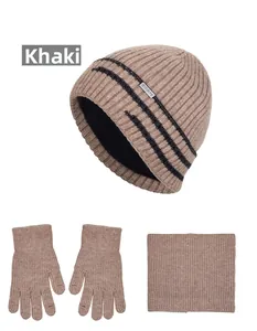 Three-piece winter set including a khaki knitted beanie, neck gaiter, and warm gloves