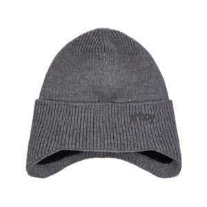 Dark grey knitted beanie with ear flaps and xhboy logo for winter warmth and outdoor use