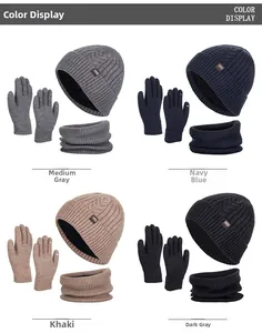 Detail showing winter knit hat, neck warmer, and touchscreen gloves in four neutral colors