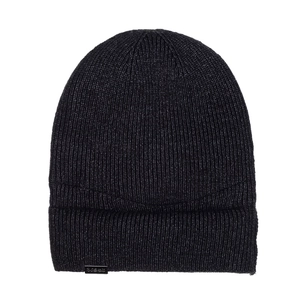 Detail of the thick rib-knit texture and wide folded brim on a warm winter beanie hat