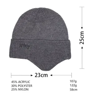Winter thermal knit beanie for men with ear protection and warm fleece lining in gray