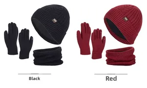 Detailed set of winter knitted hat, neck warmer, and touchscreen gloves in black and red